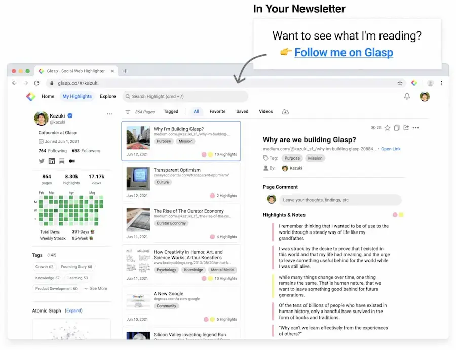 Glasp – 集成AI摘要与高亮管理的社交化网页批注工具 – 用途:浏览网页时高亮重点,AI自动生成摘要,并与社区用户共享和发现知识要点。